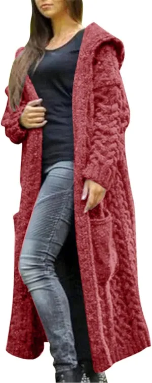 Womens Long Cable Knit Cardigan Sweaters Casual Open Front Long Sleeve Sweater Coats with Pockets