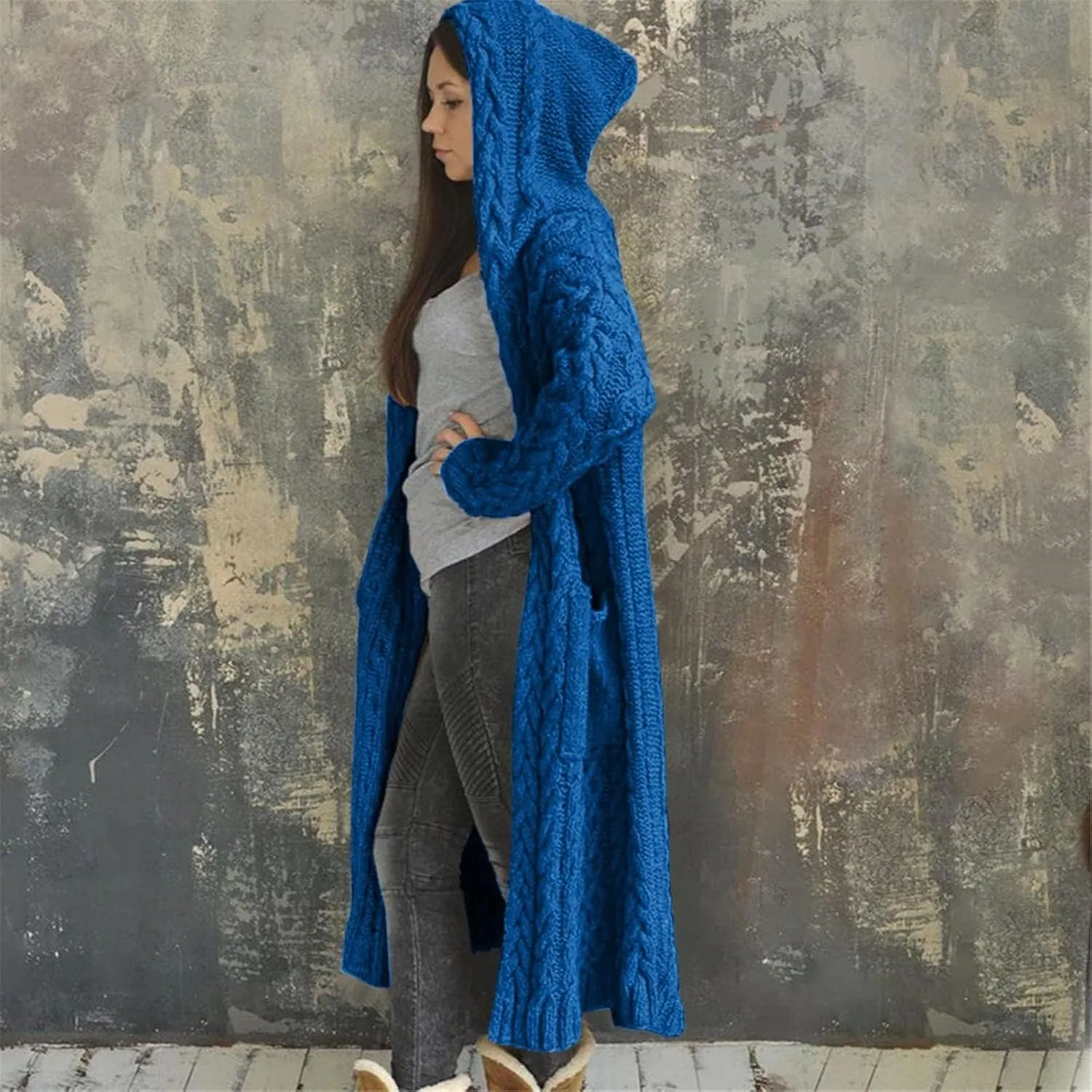 Womens Long Cable Knit Cardigan Sweaters Casual Open Front Long Sleeve Sweater Coats with Pockets