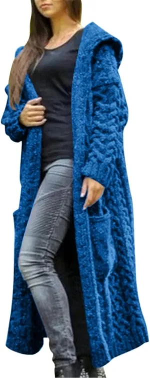 Womens Long Cable Knit Cardigan Sweaters Casual Open Front Long Sleeve Sweater Coats with Pockets