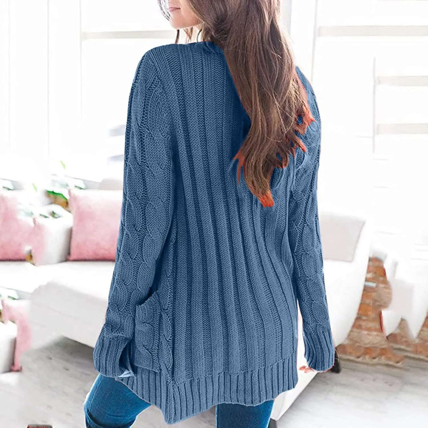 Womens Long Cardigan Sweaters Cable Knit Long Sleeve Cardigan Chunky Open Front Button Sweaters Fall Outfits 2024