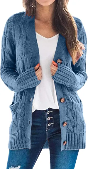 Womens Long Cardigan Sweaters Cable Knit Long Sleeve Cardigan Chunky Open Front Button Sweaters Fall Outfits 2024