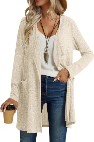 Womens Long Cardigans with Pockets Lightweight Soft Comfy Ribbed Knit Duster Cardigans Cover Ups Trendy