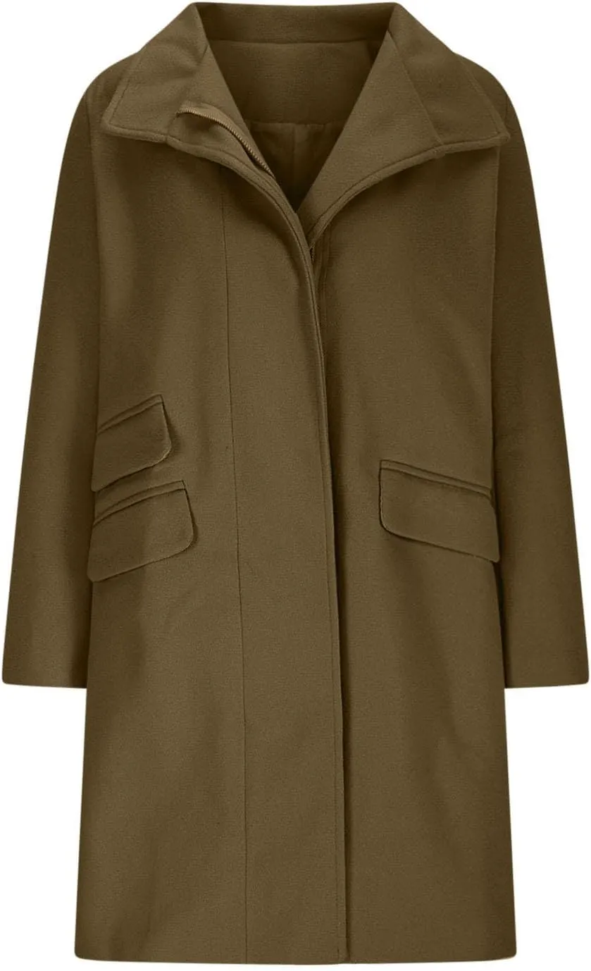 Womens Long Coat Classic Open Front Zip Up Casual Winter Wool Blend Over Pea Coats Long Jackets Fashion Trench Coats