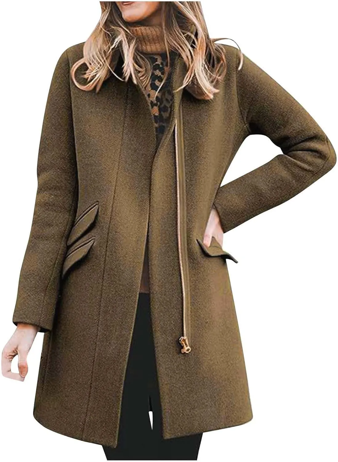 Womens Long Coat Classic Open Front Zip Up Casual Winter Wool Blend Over Pea Coats Long Jackets Fashion Trench Coats