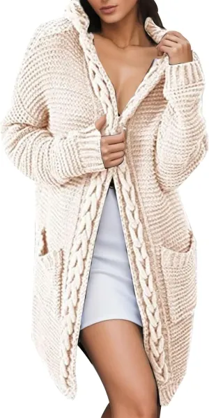 Women's Long Knitted Sweater Coat with Cable Knit Hooded Pocketed Cardigan Button Cardigans for Women (03-White, S)