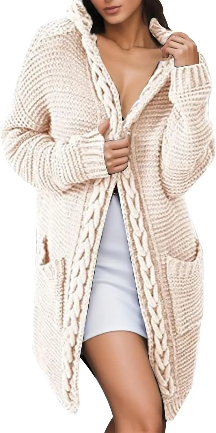 Women's Long Knitted Sweater Coat with Cable Knit Hooded Pocketed Cardigan Button Cardigans for Women (03-White, S)