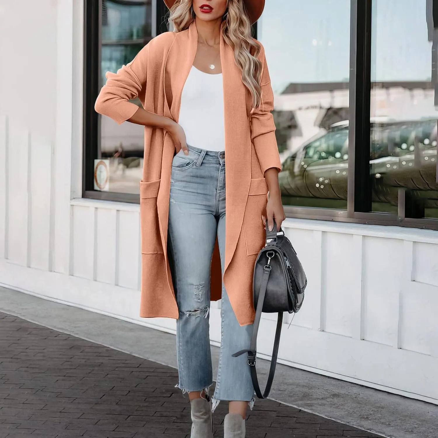 Womens Long Pea Coats Classic Lapel Collar Open Front Wool Blend Trench Coat Dressy Casual Business Midi Long Jackets