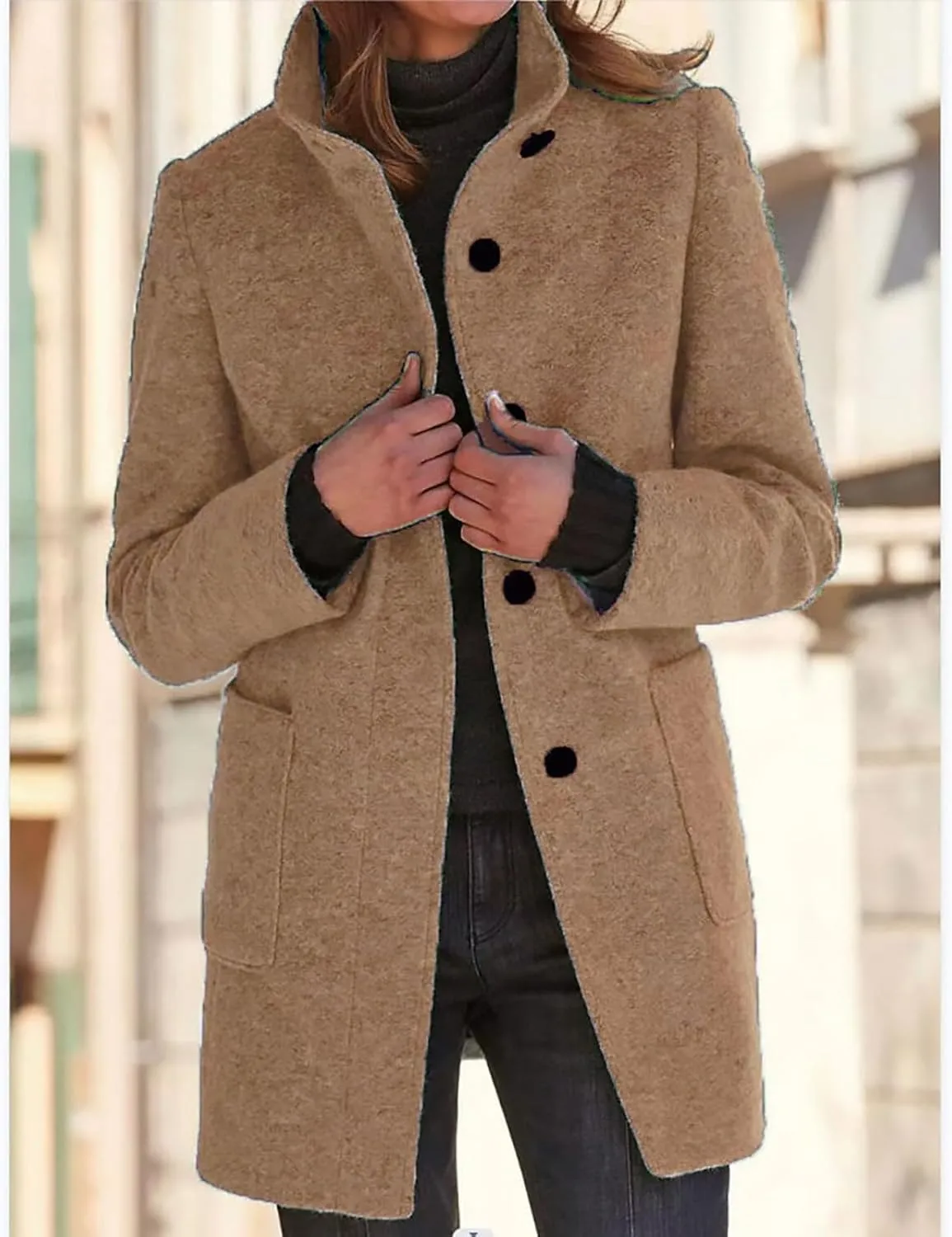 Women's Long Pea Coats Winter Stand Collar Breasted Single Wool Coats Wool Blend Peacoat Thicken Blazer Jackets