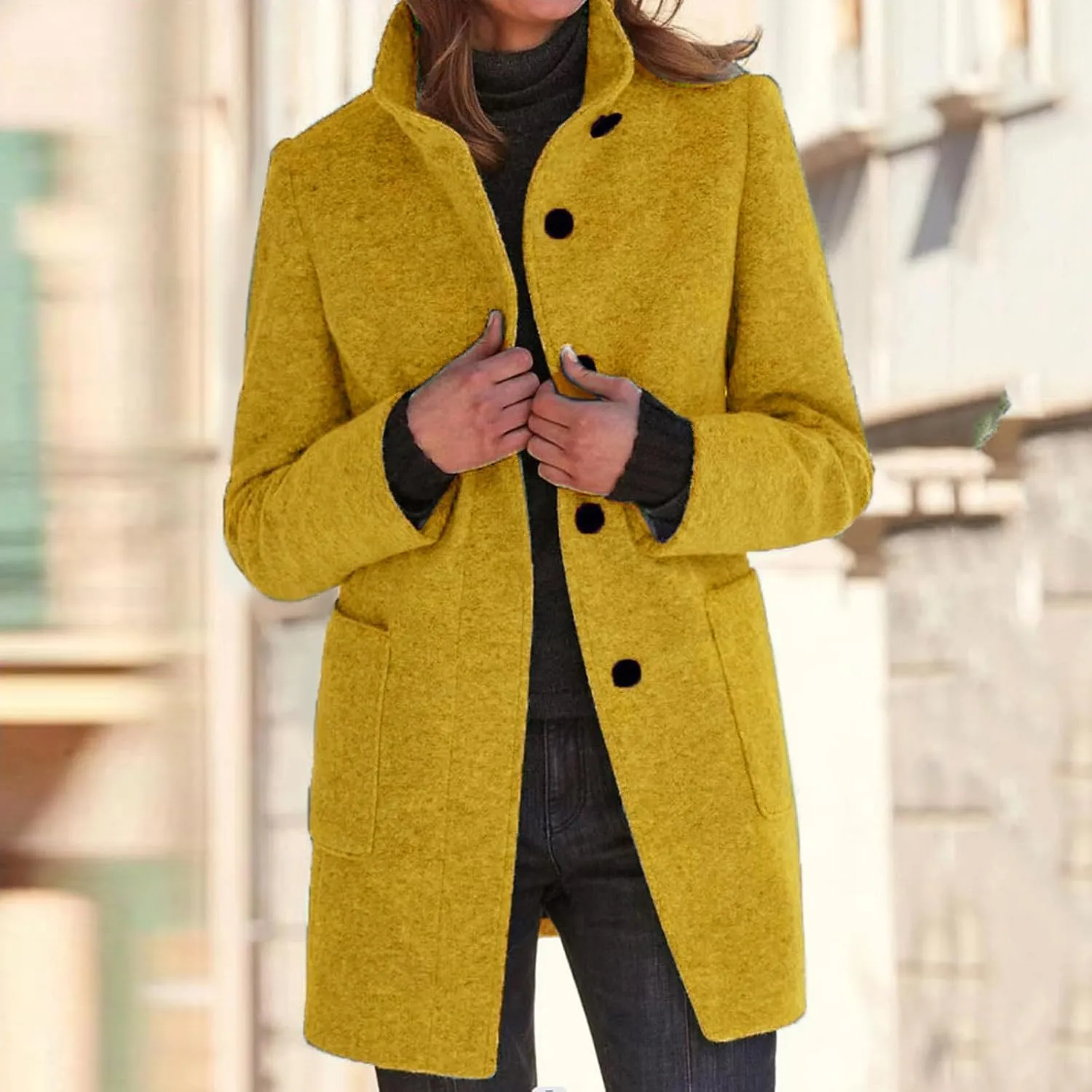 Women's Long Pea Coats Winter Stand Collar Breasted Single Wool Coats Wool Blend Peacoat Thicken Blazer Jackets