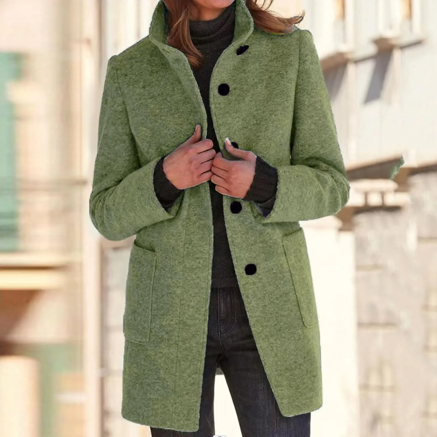 Women's Long Pea Coats Winter Stand Collar Breasted Single Wool Coats Wool Blend Peacoat Thicken Blazer Jackets