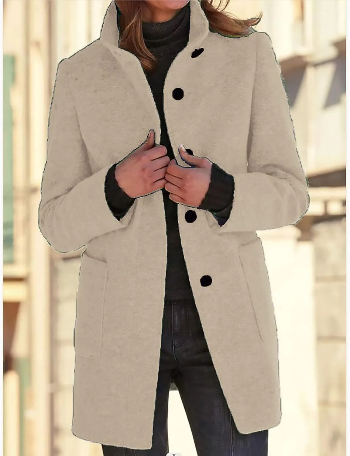 Women's Long Pea Coats Winter Stand Collar Breasted Single Wool Coats Wool Blend Peacoat Thicken Blazer Jackets