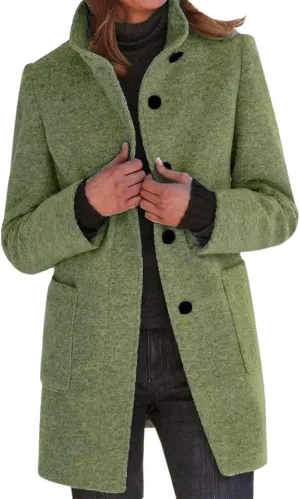 Women's Long Pea Coats Winter Stand Collar Breasted Single Wool Coats Wool Blend Peacoat Thicken Blazer Jackets