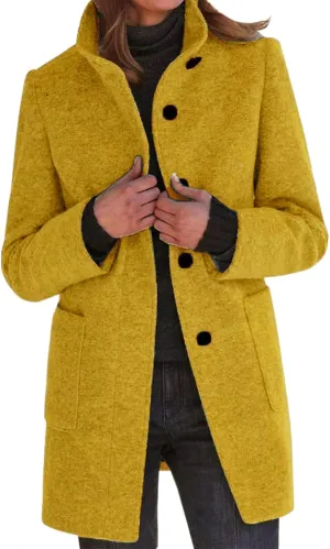 Women's Long Pea Coats Winter Stand Collar Breasted Single Wool Coats Wool Blend Peacoat Thicken Blazer Jackets