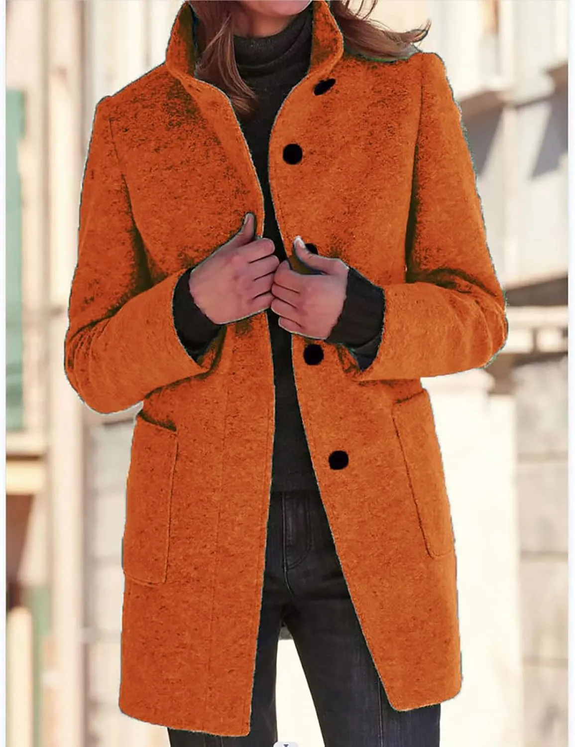 Women's Long Pea Coats Winter Stand Collar Breasted Single Wool Coats Wool Blend Peacoat Thicken Blazer Jackets