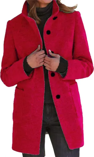 Women's Long Pea Coats Winter Stand Collar Breasted Single Wool Coats Wool Blend Peacoat Thicken Blazer Jackets