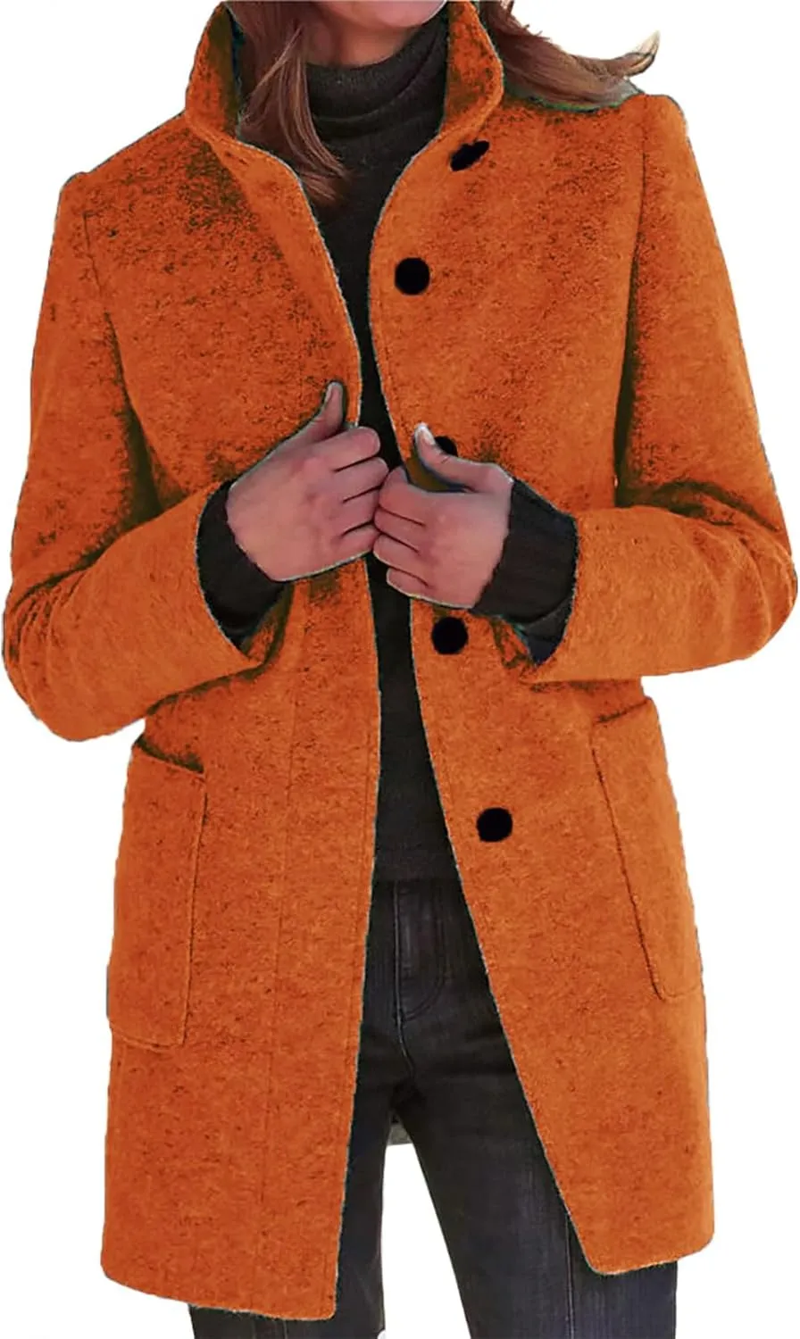 Women's Long Pea Coats Winter Stand Collar Breasted Single Wool Coats Wool Blend Peacoat Thicken Blazer Jackets