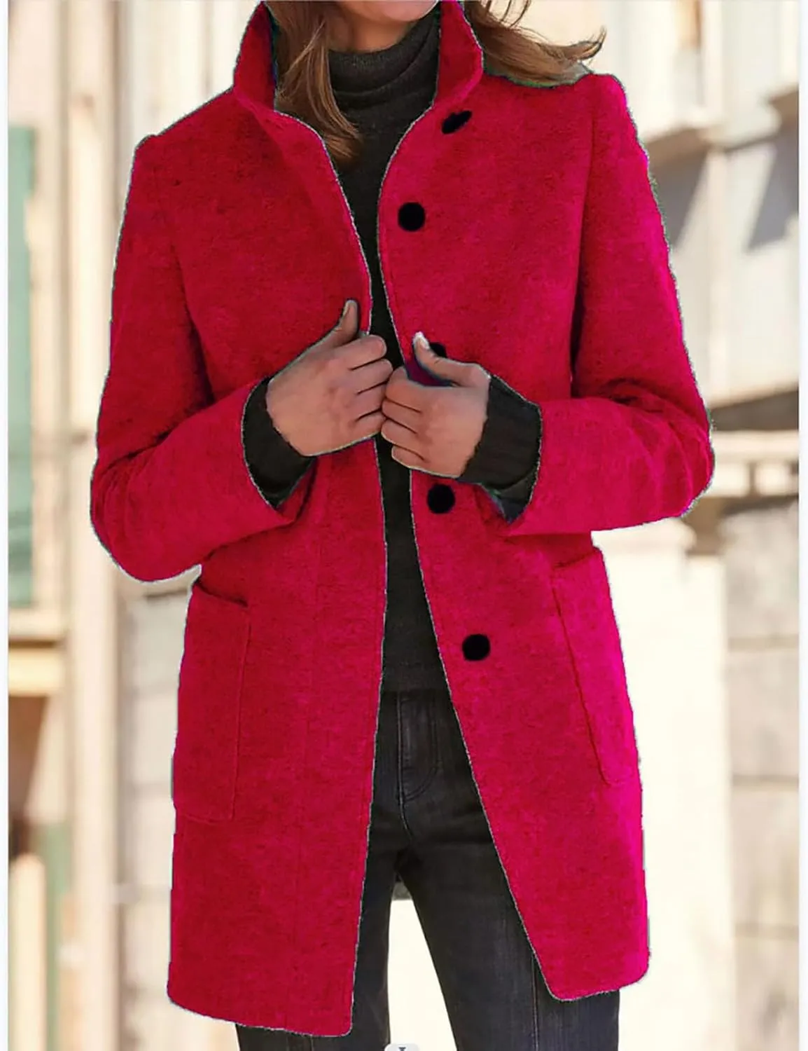 Women's Long Pea Coats Winter Stand Collar Breasted Single Wool Coats Wool Blend Peacoat Thicken Blazer Jackets
