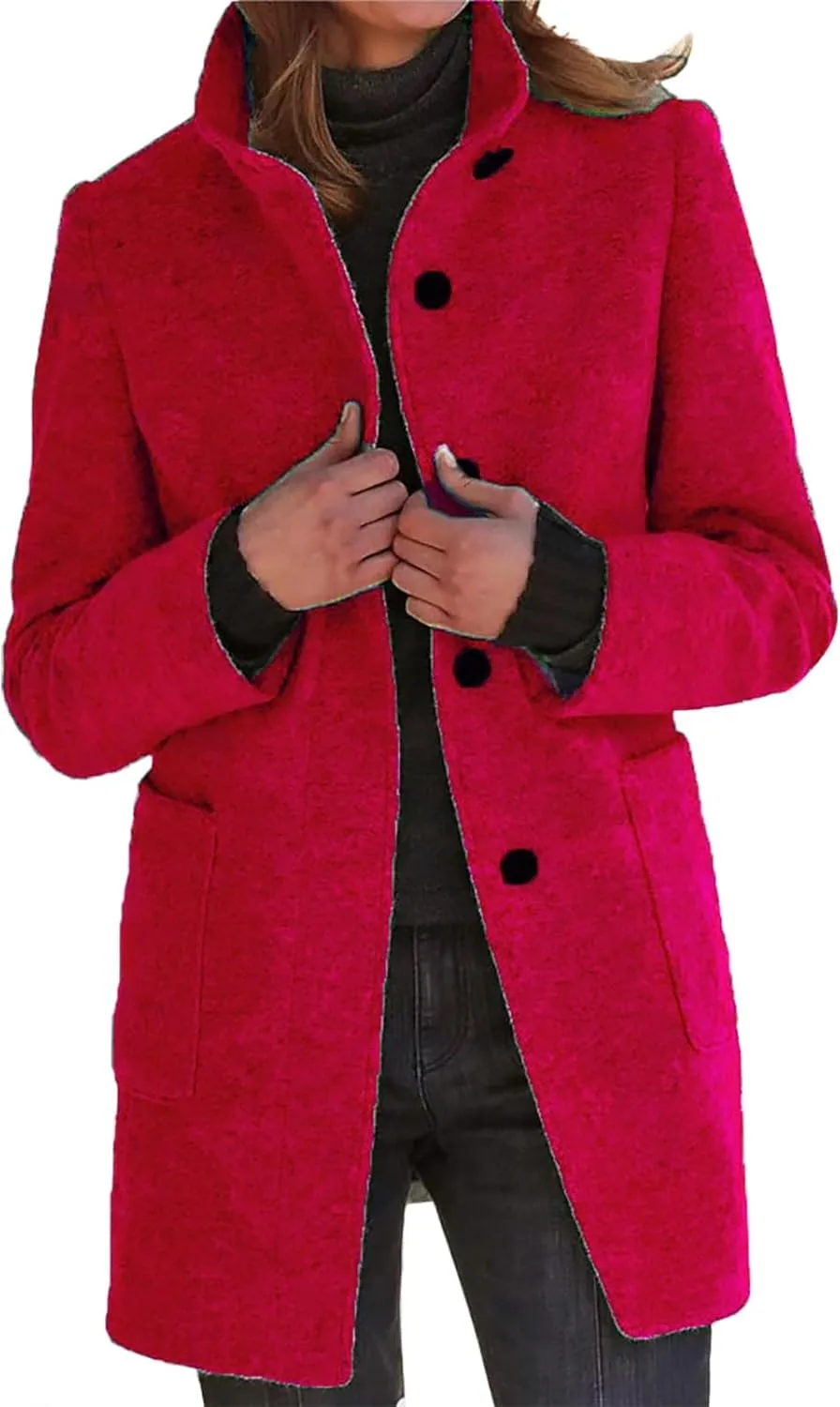 Women's Long Pea Coats Winter Stand Collar Breasted Single Wool Coats Wool Blend Peacoat Thicken Blazer Jackets