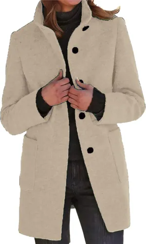 Women's Long Pea Coats Winter Stand Collar Breasted Single Wool Coats Wool Blend Peacoat Thicken Blazer Jackets