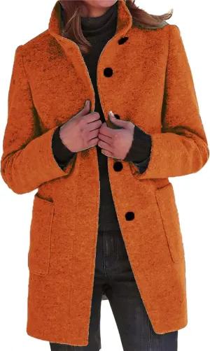 Women's Long Pea Coats Winter Stand Collar Breasted Single Wool Coats Wool Blend Peacoat Thicken Blazer Jackets