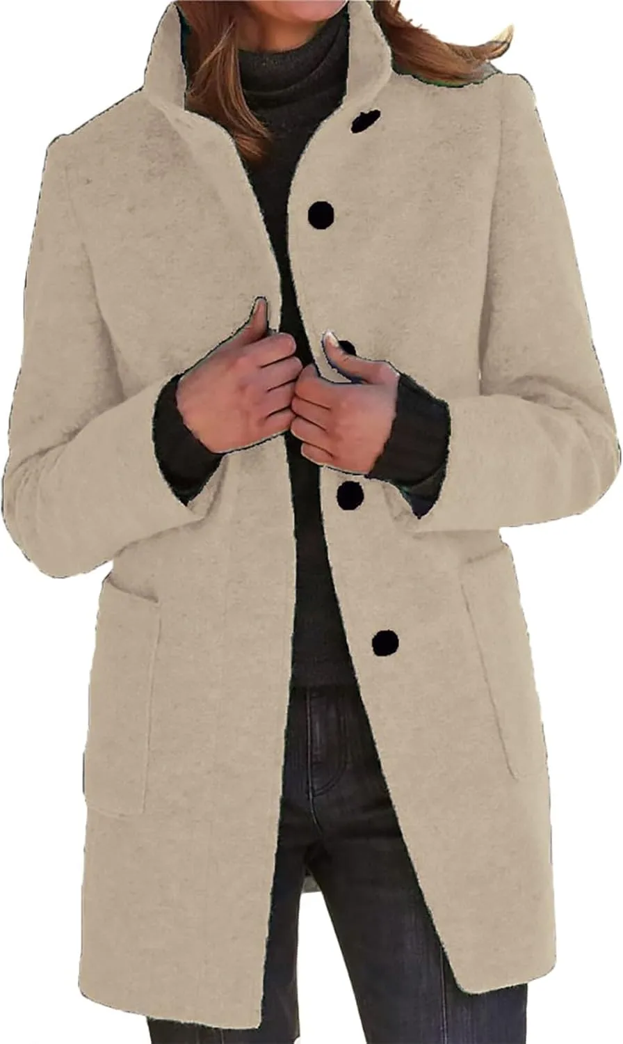 Women's Long Pea Coats Winter Stand Collar Breasted Single Wool Coats Wool Blend Peacoat Thicken Blazer Jackets