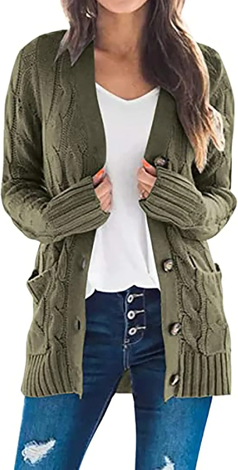 Women's Long Sleeve Cable Knit Cardigan Coats 2024 Fall Winter Fashion Button Down Chunky Soft Outwear with Pockets