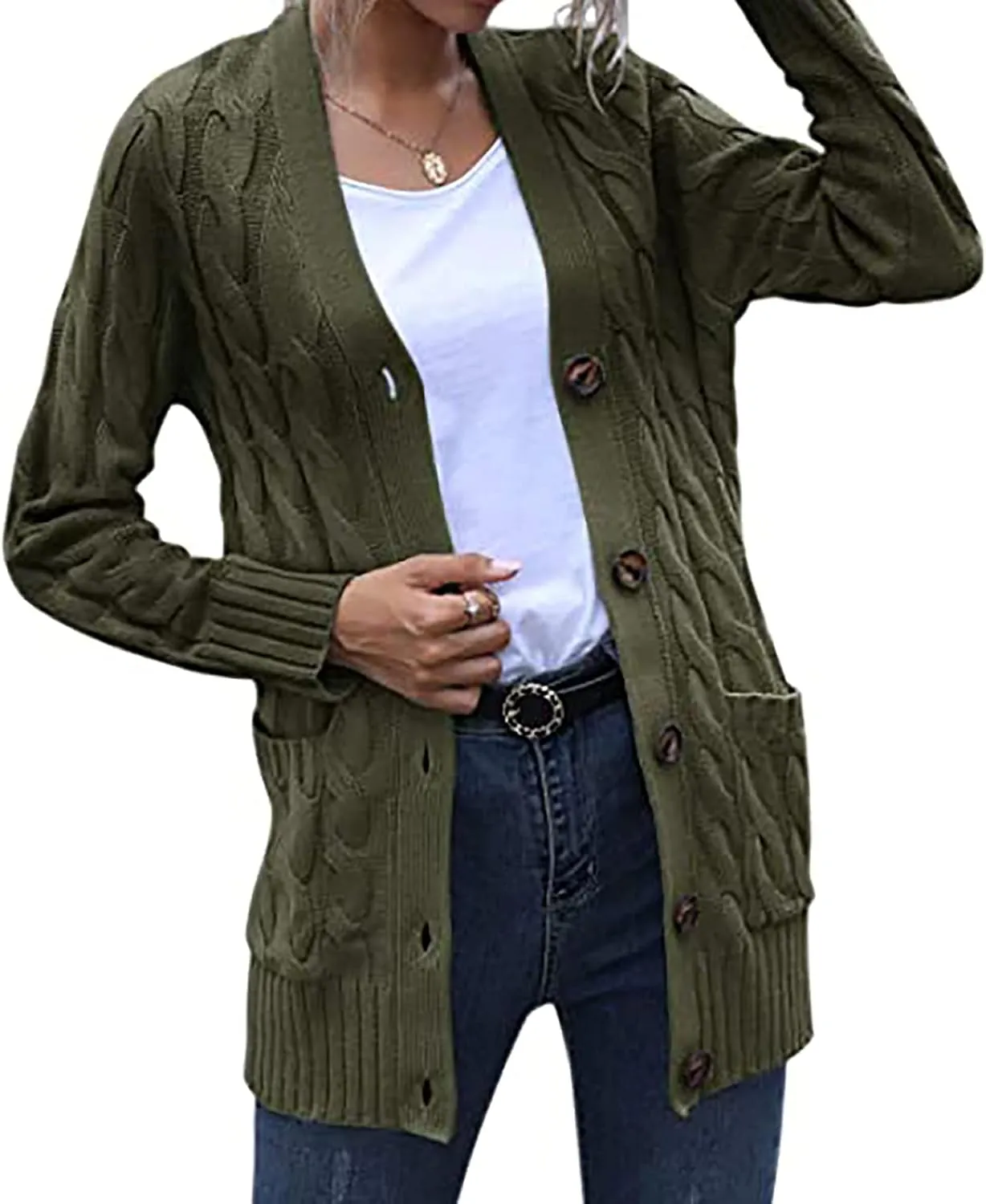 Women's Long Sleeve Cable Knit Cardigan Coats 2024 Fall Winter Fashion Button Down Chunky Soft Outwear with Pockets