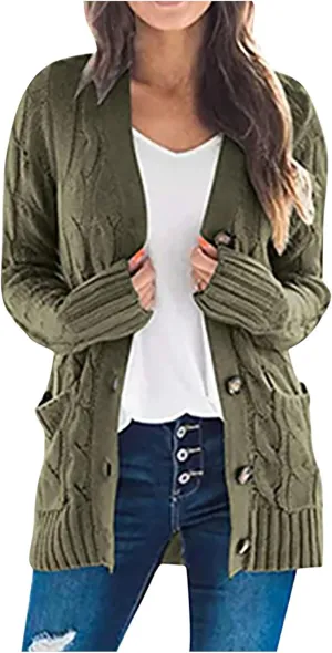 Women's Long Sleeve Cable Knit Cardigan Coats 2024 Fall Winter Fashion Button Down Chunky Soft Outwear with Pockets