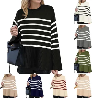 Women's Long Sleeve Crew Neck Oversized Striped Sweaters Color Block Comfy Loose Knitted Pullover Tops Winter Outwear
