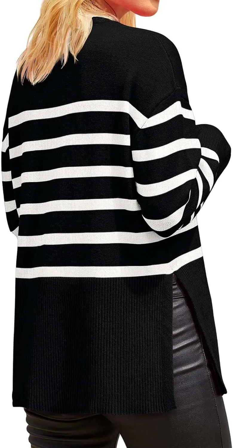 Women's Long Sleeve Crew Neck Oversized Striped Sweaters Color Block Comfy Loose Knitted Pullover Tops Winter Outwear