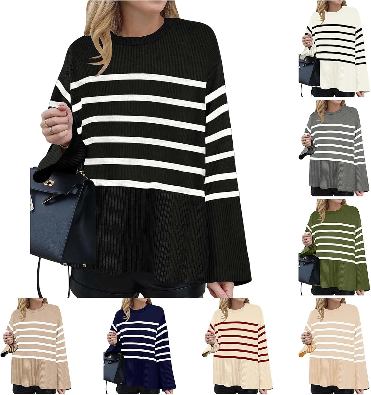 Women's Long Sleeve Crew Neck Oversized Striped Sweaters Color Block Comfy Loose Knitted Pullover Tops Winter Outwear