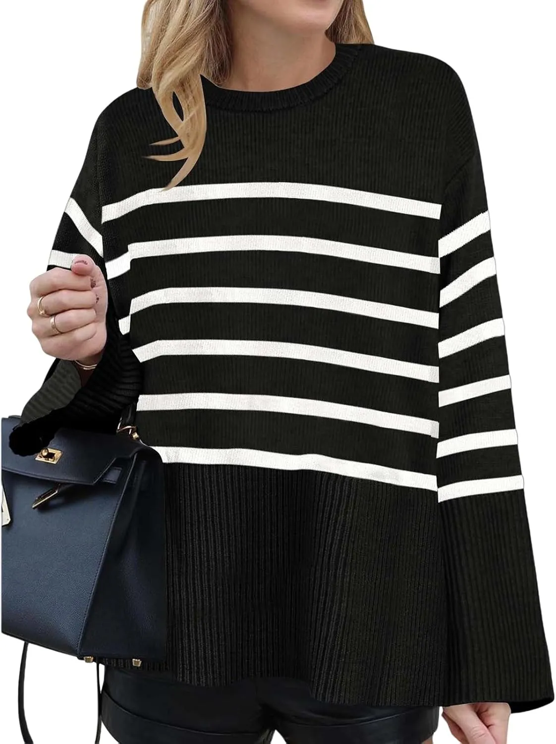 Women's Long Sleeve Crew Neck Oversized Striped Sweaters Color Block Comfy Loose Knitted Pullover Tops Winter Outwear