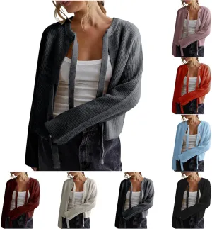 Womens Long Sleeve Cropped Cardigan Sweaters Lightweight Tie Front Chunky Knit Outwear Coat Fall Winter Outfits