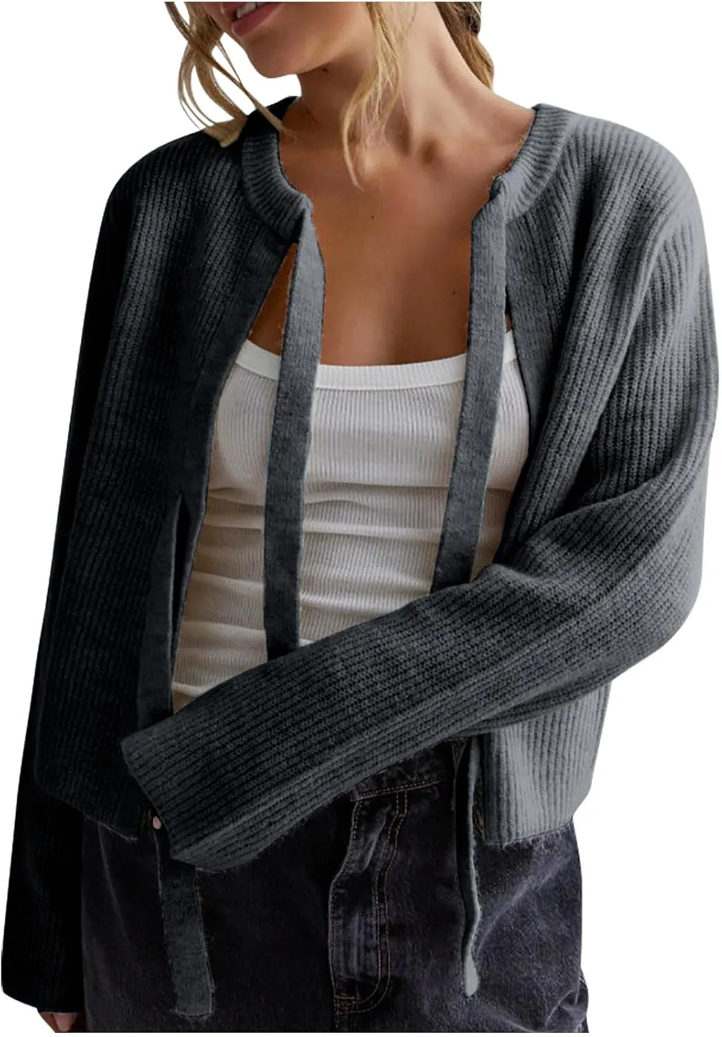 Womens Long Sleeve Cropped Cardigan Sweaters Lightweight Tie Front Chunky Knit Outwear Coat Fall Winter Outfits