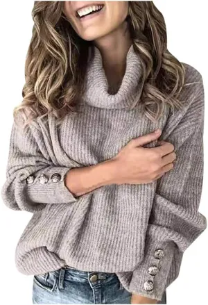 Women's Long Sleeve Turtleneck Cozy Knit Sweater Casual Loose Pullover Jumper Tops