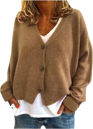 Women's Long Sleeve V-Neck Cardigans Soft Open Front Sweater Comfortable Loose Button Casual Fall Clothes