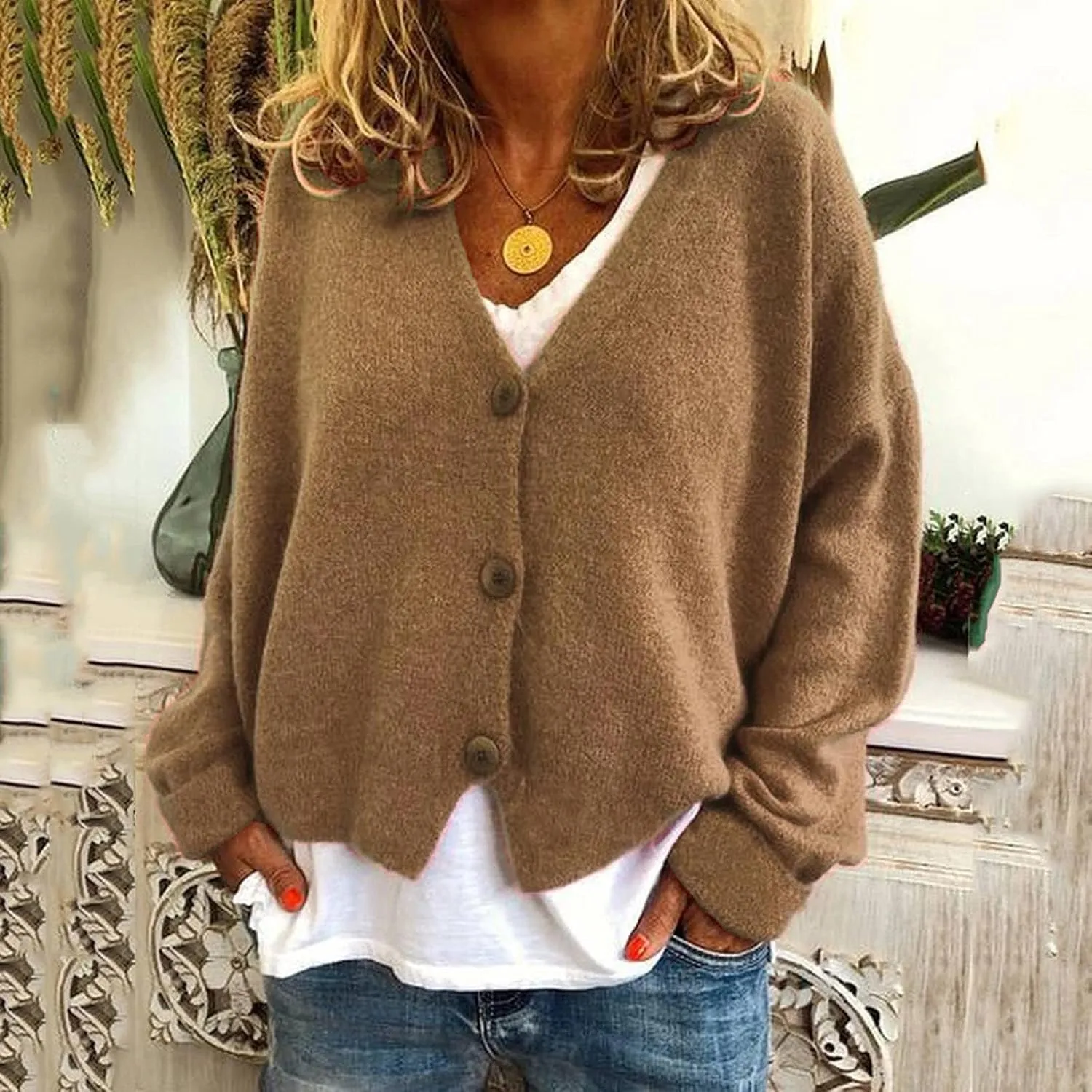 Women's Long Sleeve V-Neck Cardigans Soft Open Front Sweater Comfortable Loose Button Casual Fall Clothes