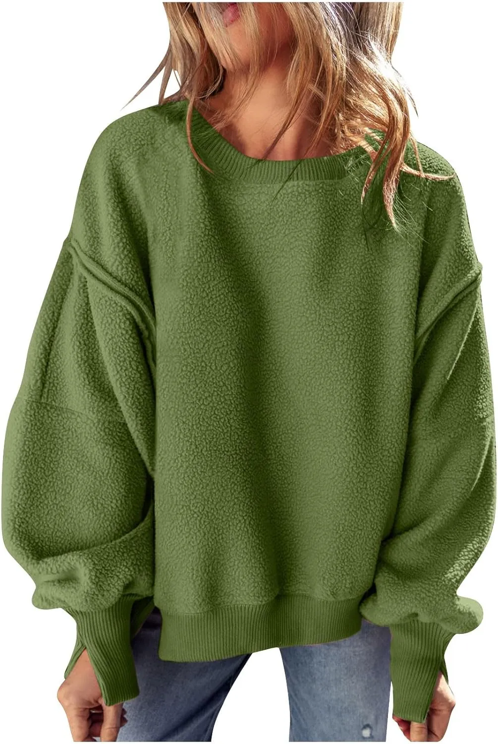 Womens Long Sleeve Warm Fuzzy Sweatshirts Sherpa Fleece Sweatshirt Drop Shoulder Casual Fashion Crewneck Sweaters