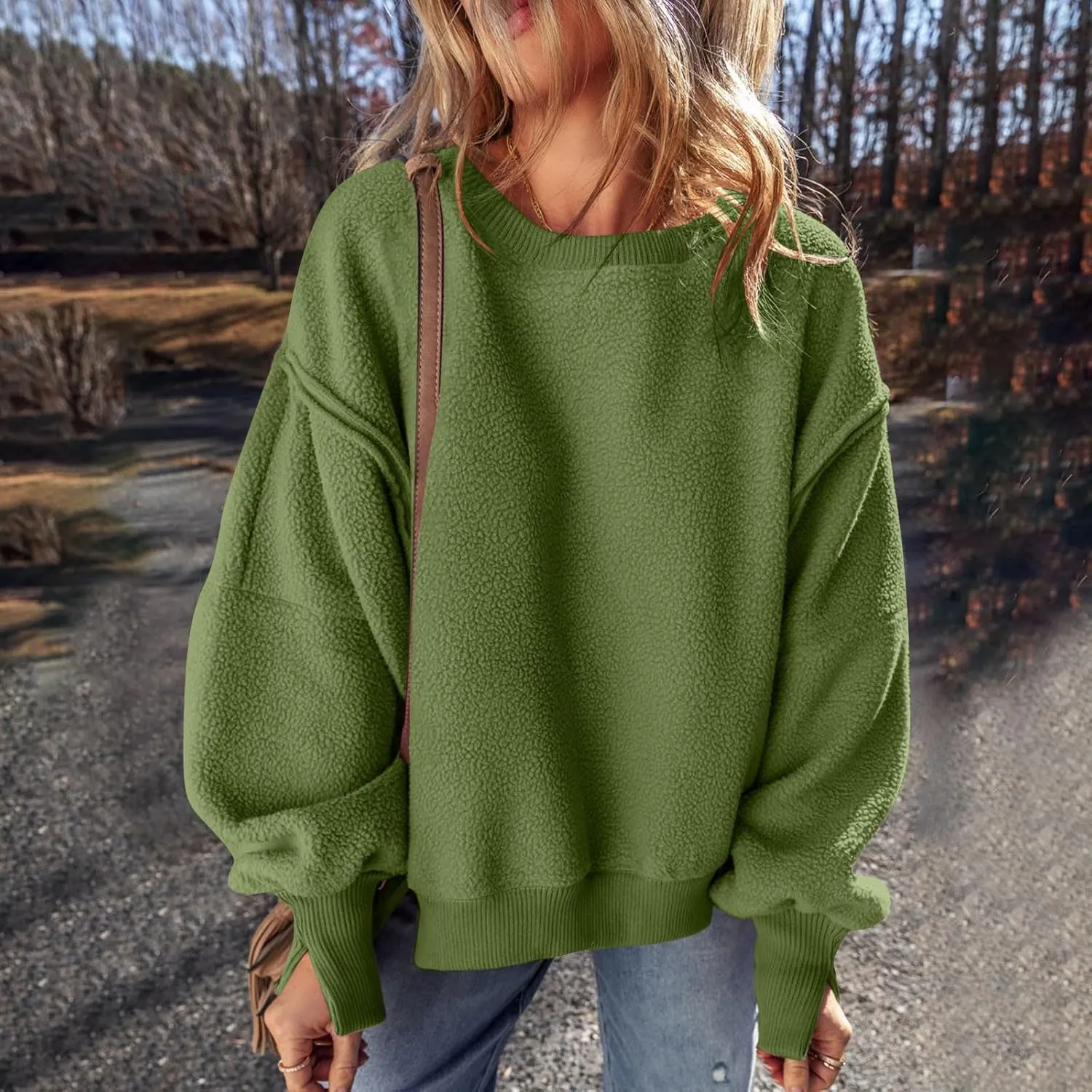 Womens Long Sleeve Warm Fuzzy Sweatshirts Sherpa Fleece Sweatshirt Drop Shoulder Casual Fashion Crewneck Sweaters