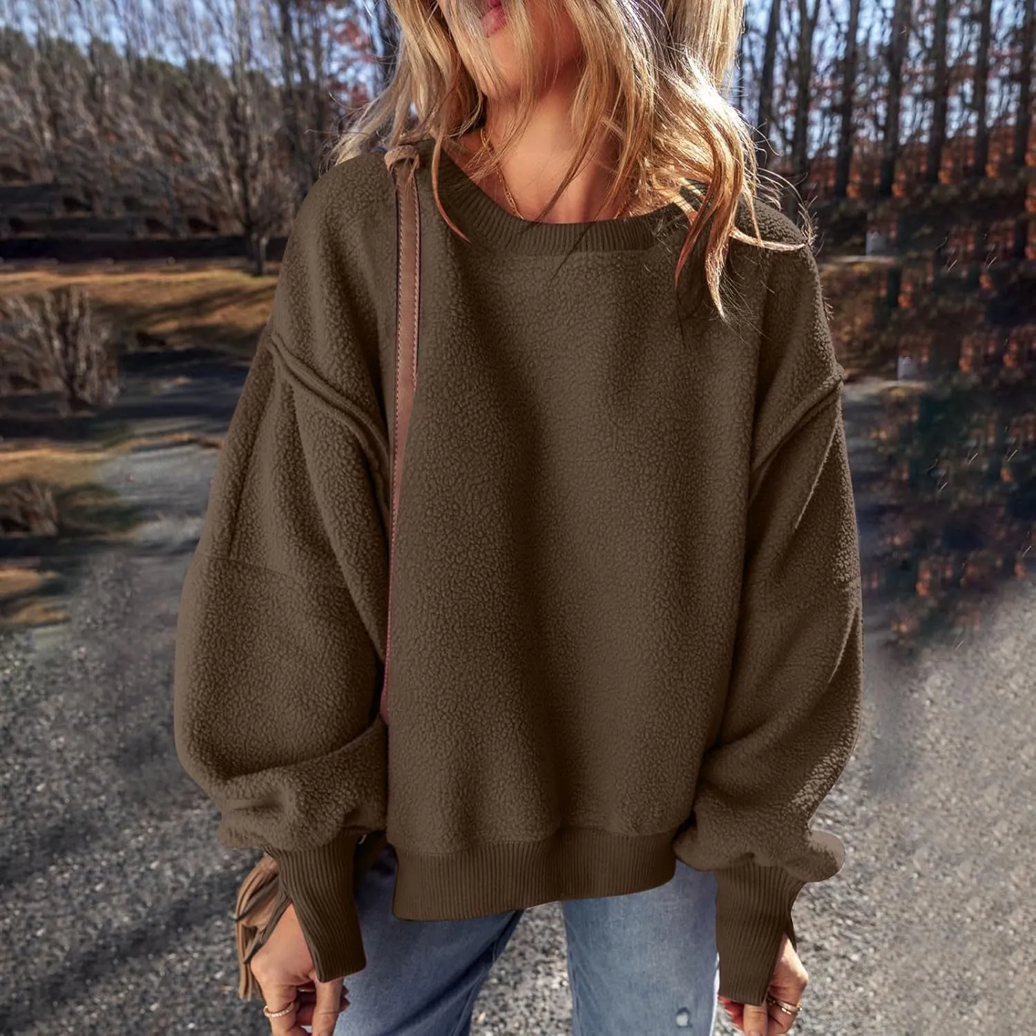 Womens Long Sleeve Warm Fuzzy Sweatshirts Sherpa Fleece Sweatshirt Drop Shoulder Casual Fashion Crewneck Sweaters