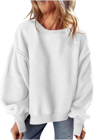 Womens Long Sleeve Warm Fuzzy Sweatshirts Sherpa Fleece Sweatshirt Drop Shoulder Casual Fashion Crewneck Sweaters
