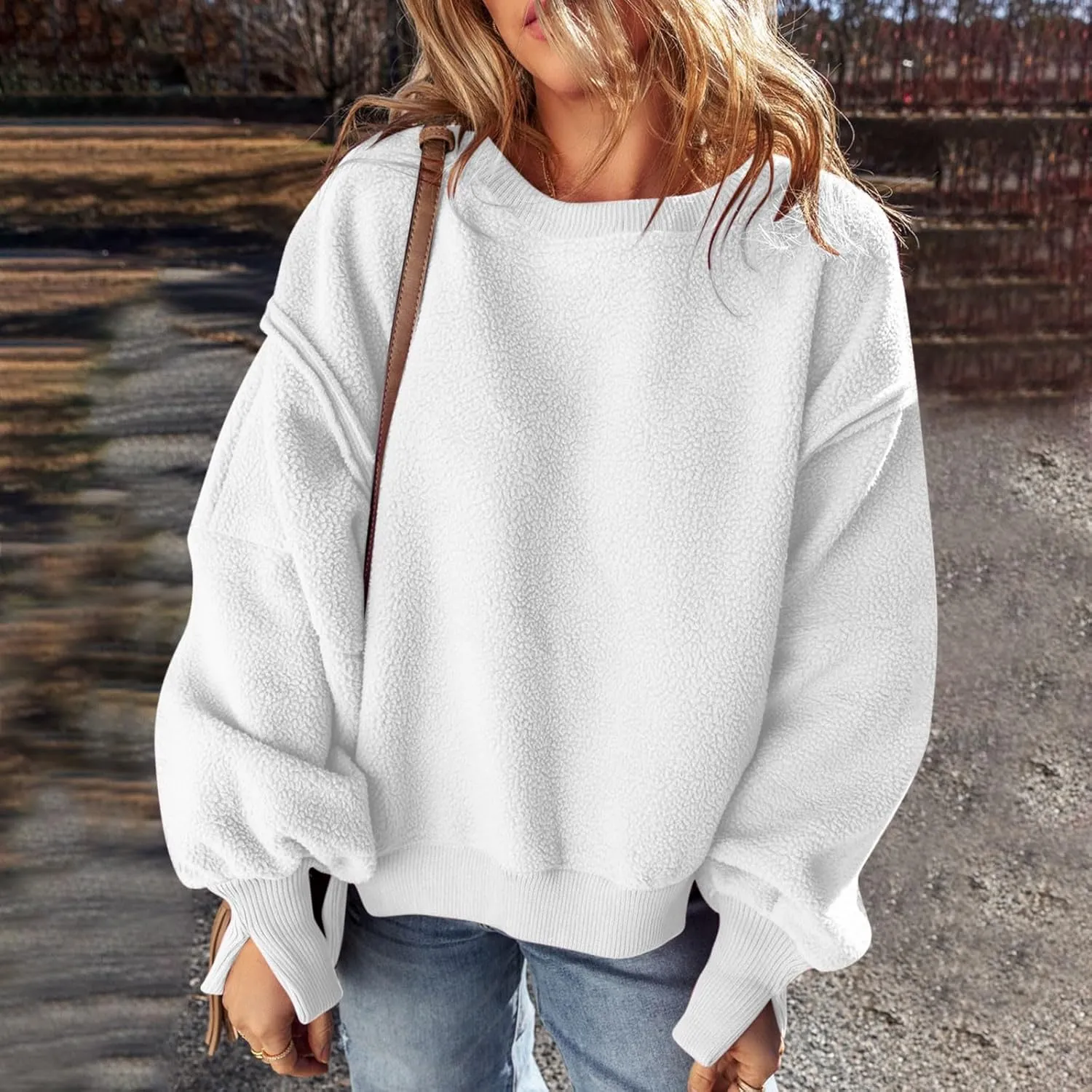 Womens Long Sleeve Warm Fuzzy Sweatshirts Sherpa Fleece Sweatshirt Drop Shoulder Casual Fashion Crewneck Sweaters