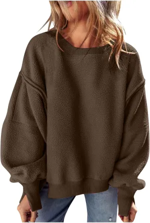 Womens Long Sleeve Warm Fuzzy Sweatshirts Sherpa Fleece Sweatshirt Drop Shoulder Casual Fashion Crewneck Sweaters