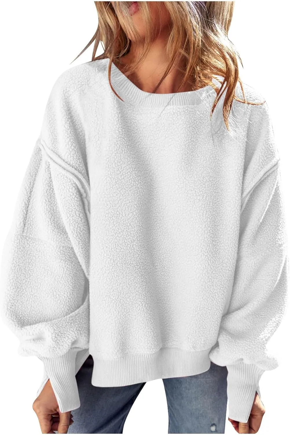 Womens Long Sleeve Warm Fuzzy Sweatshirts Sherpa Fleece Sweatshirt Drop Shoulder Casual Fashion Crewneck Sweaters