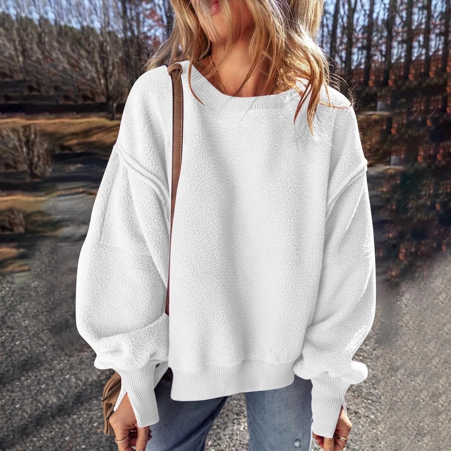 Womens Long Sleeve Warm Fuzzy Sweatshirts Sherpa Fleece Sweatshirt Drop Shoulder Casual Fashion Crewneck Sweaters