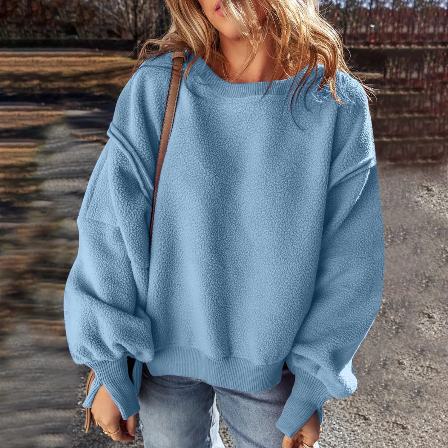 Womens Long Sleeve Warm Fuzzy Sweatshirts Sherpa Fleece Sweatshirt Drop Shoulder Casual Fashion Crewneck Sweaters