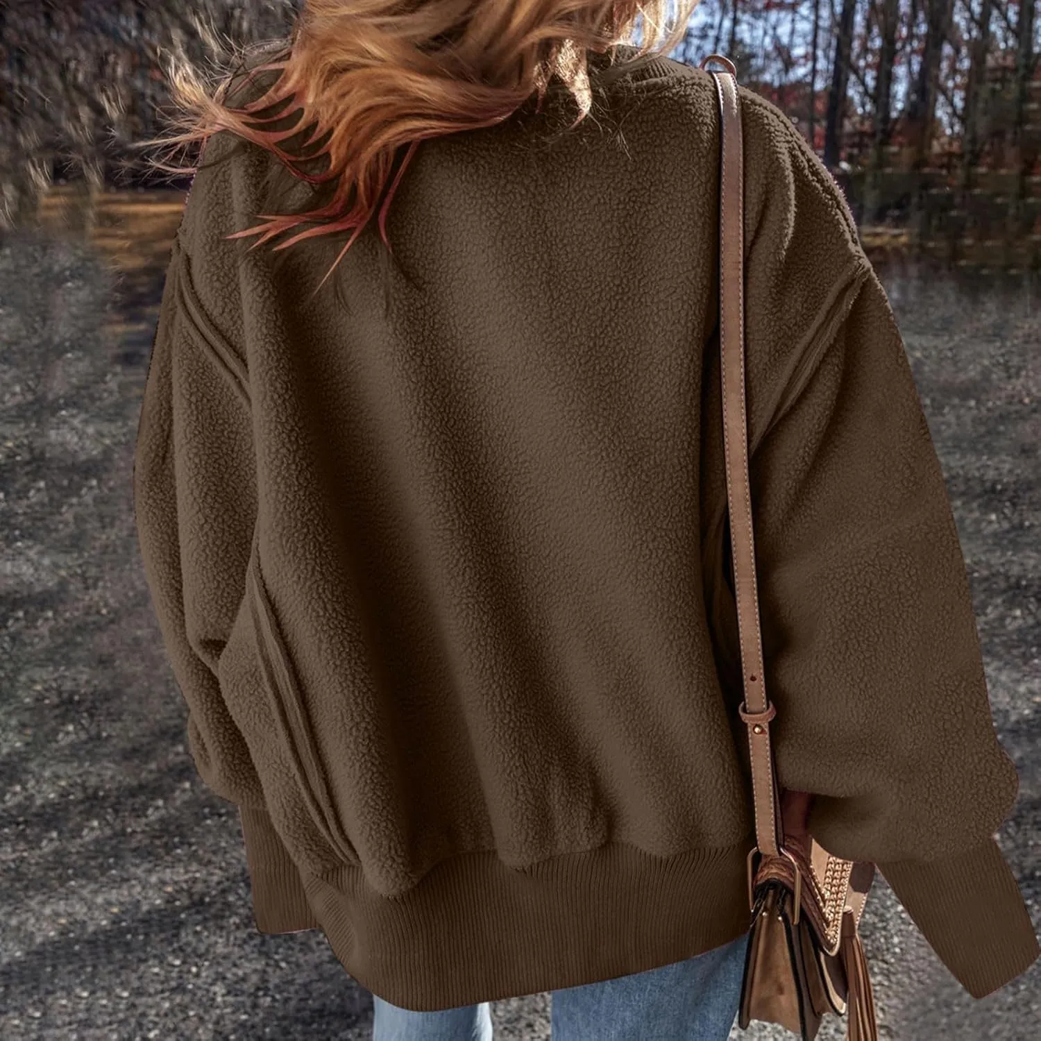 Womens Long Sleeve Warm Fuzzy Sweatshirts Sherpa Fleece Sweatshirt Drop Shoulder Casual Fashion Crewneck Sweaters