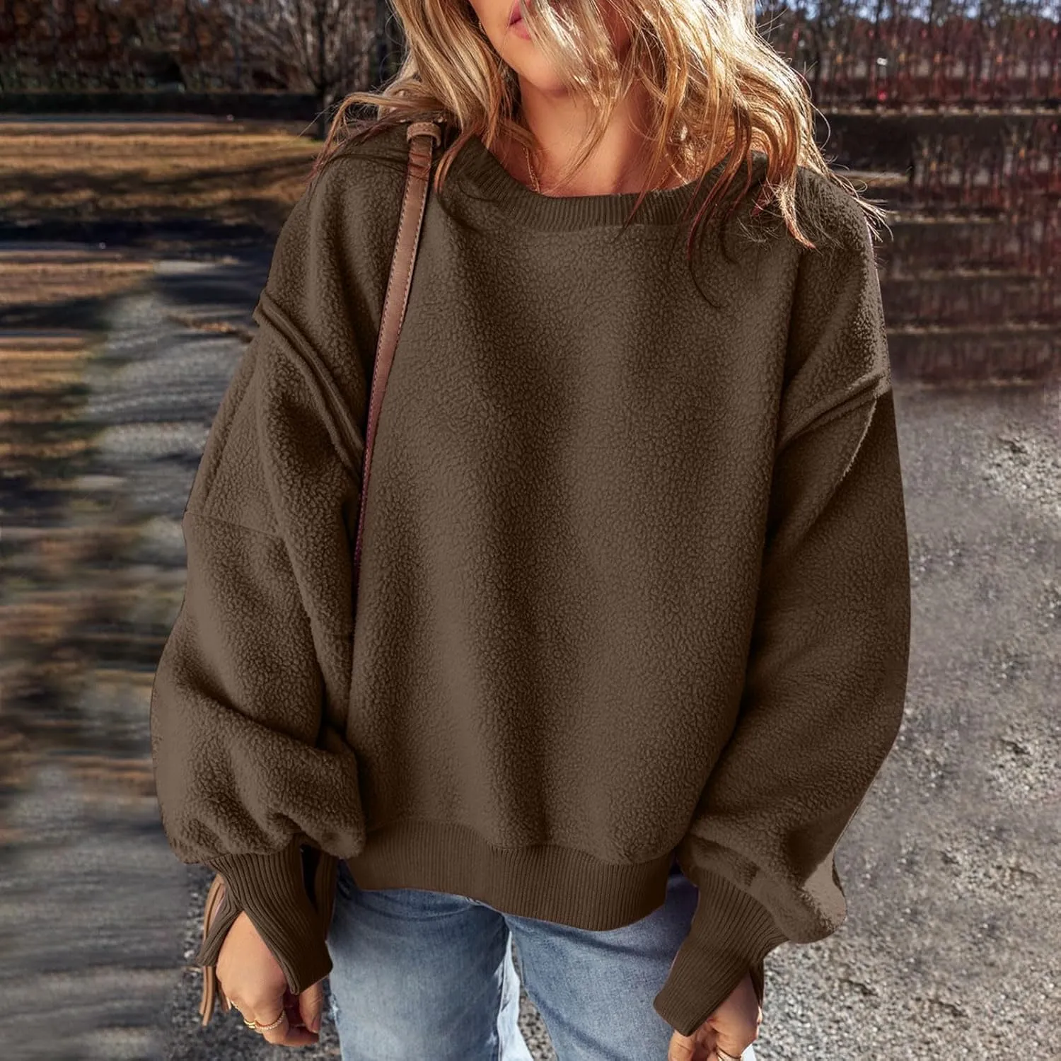 Womens Long Sleeve Warm Fuzzy Sweatshirts Sherpa Fleece Sweatshirt Drop Shoulder Casual Fashion Crewneck Sweaters