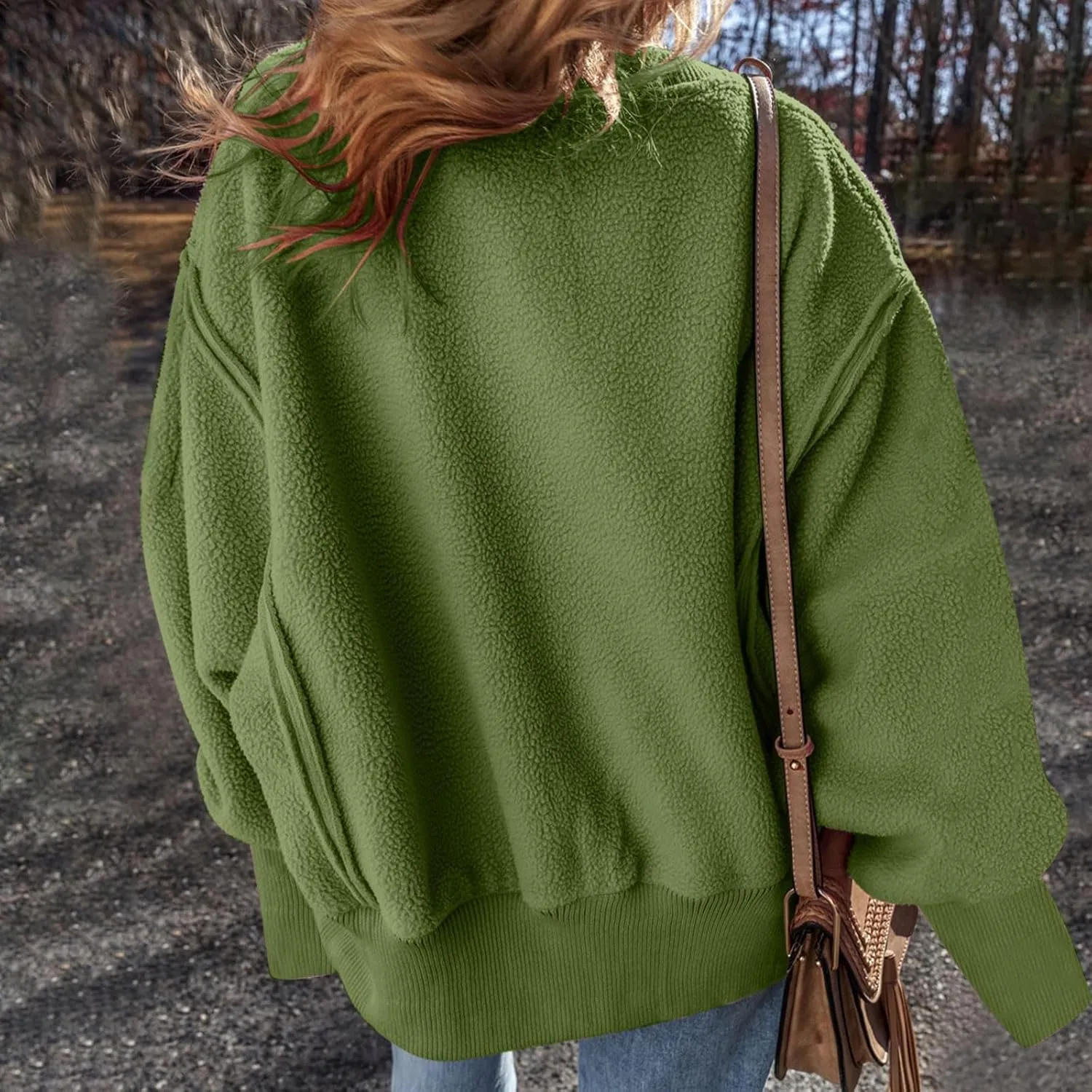 Womens Long Sleeve Warm Fuzzy Sweatshirts Sherpa Fleece Sweatshirt Drop Shoulder Casual Fashion Crewneck Sweaters