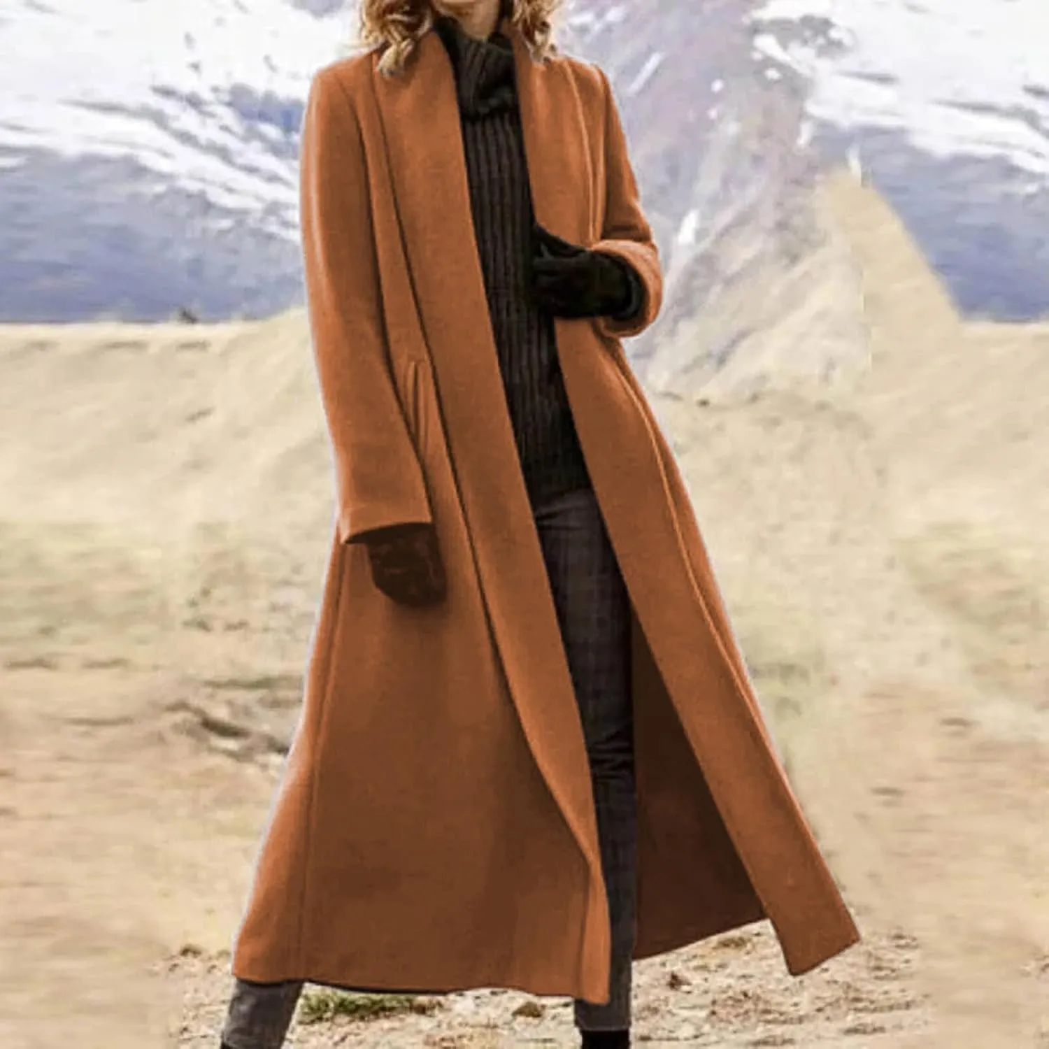 Womens Long Winter Pea Coat Casual Wool Blend Overcoat Notched Lapel Collar Trench Coat Belted Long Jacket Outerwear